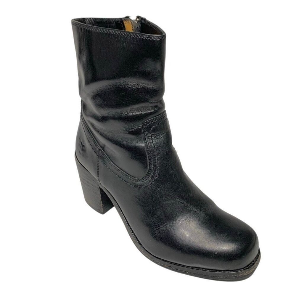 Frye Short Heeled Boots Leather Western Pull On Square Toe Size 6 Black Bootie